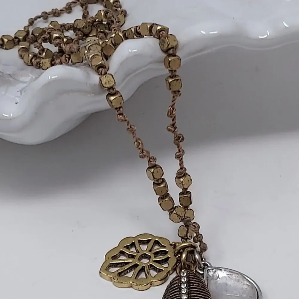 Lucky Brand Pendant Necklace Aged Gold Tone Stone Metal Rhinestone Charms Boho